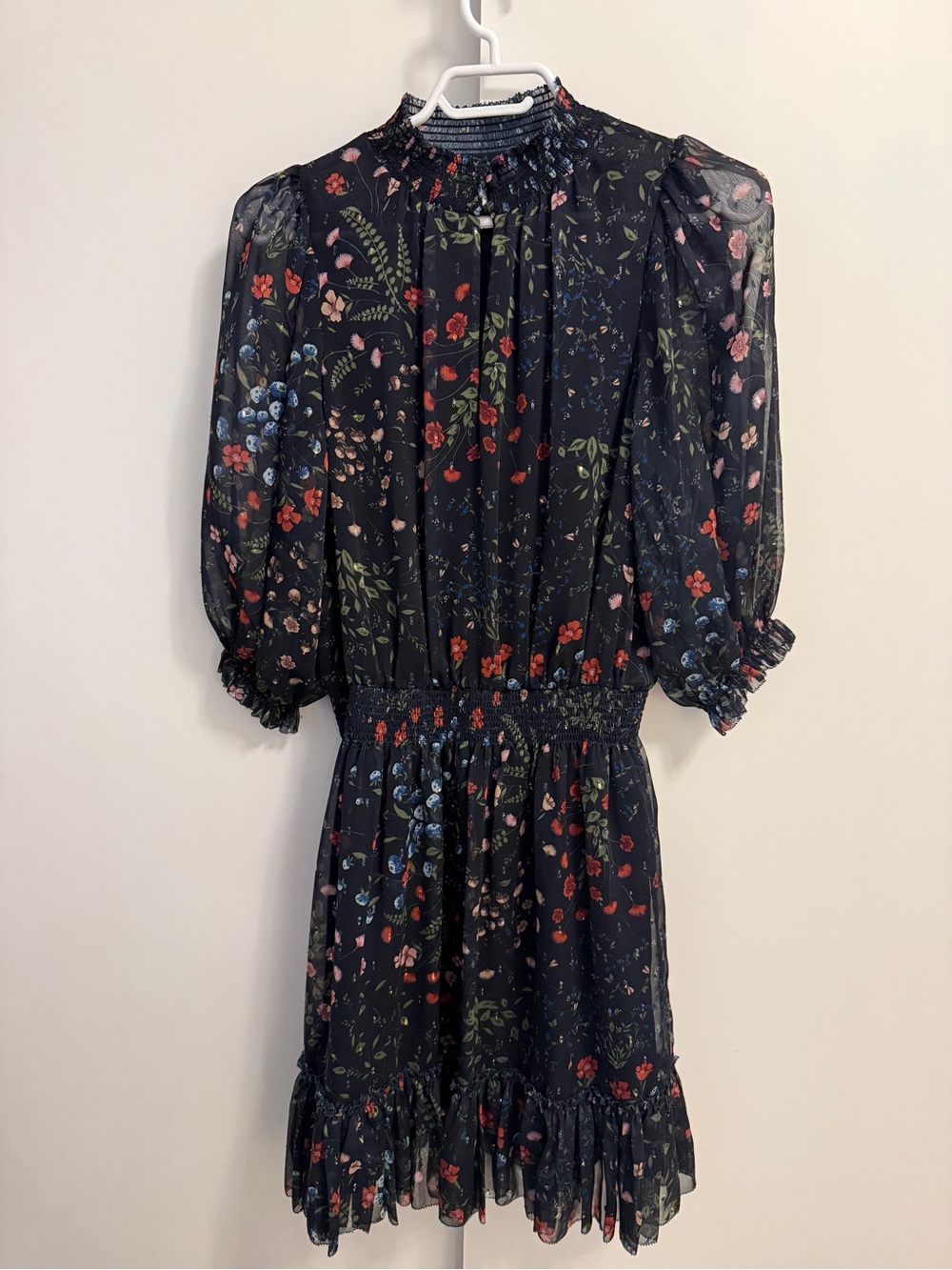 Joie Navy Floral Long-Sleeve Smocked Dress